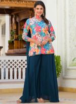 Dull Satin Teal Blue Festival Wear Digital Floral Printed Readymade Suit With Dupatta